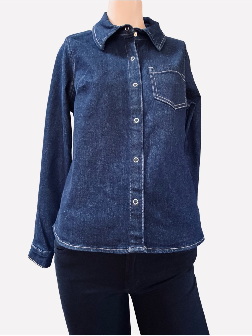 Nicole Miller New York NWT Dark Wash Stretch Denim Gold Snap Shirt
